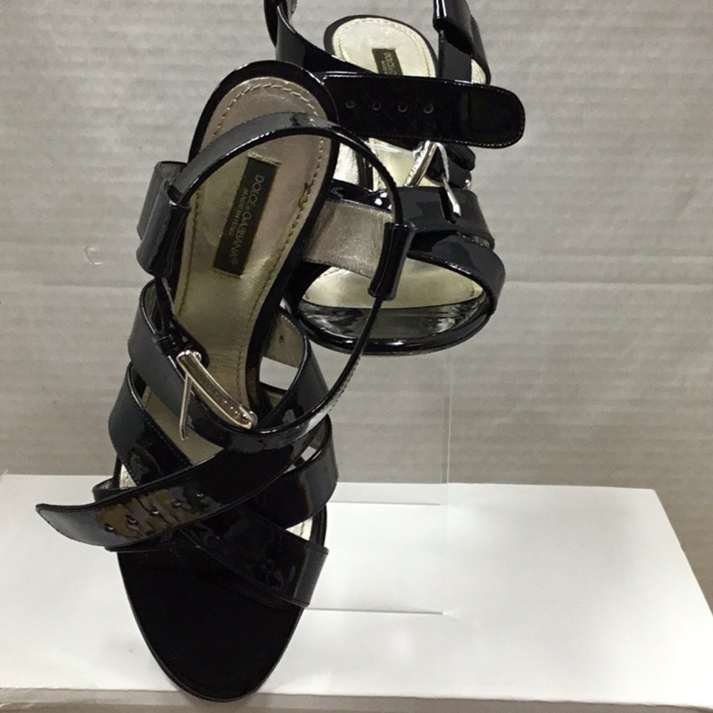 Dolce & Gabbana black patten strappy sandal heels.